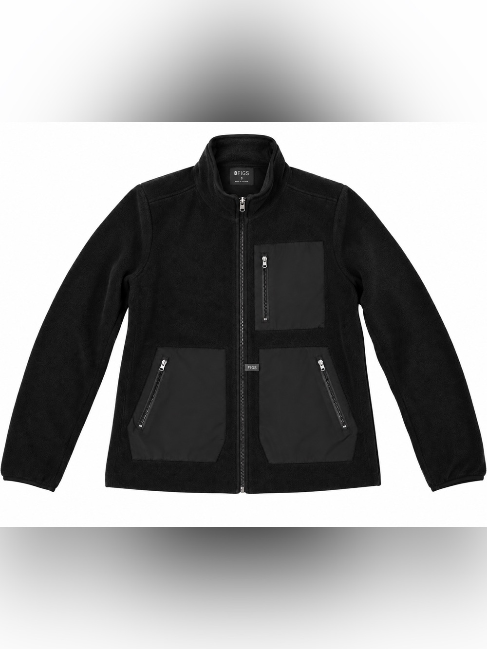 Figs Women’s Black Teddy Jacket with Zip Pockets and Chest Patch - pilling shown